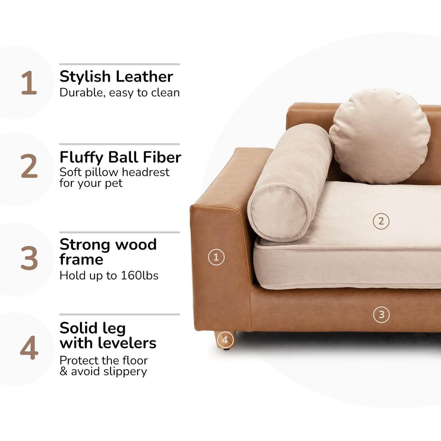 dCee Luxury Leather Dog Sofa Bed 42 Inch Orthopedic Pet Couch for Large Dogs