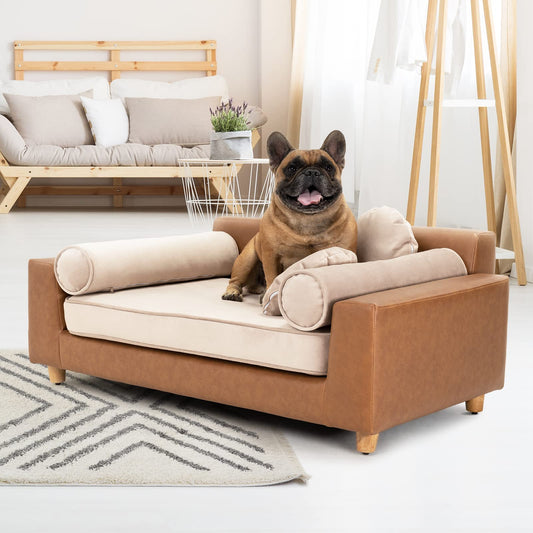 dCee Luxury Leather Dog Sofa Bed 42 Inch Orthopedic Pet Couch for Large Dogs