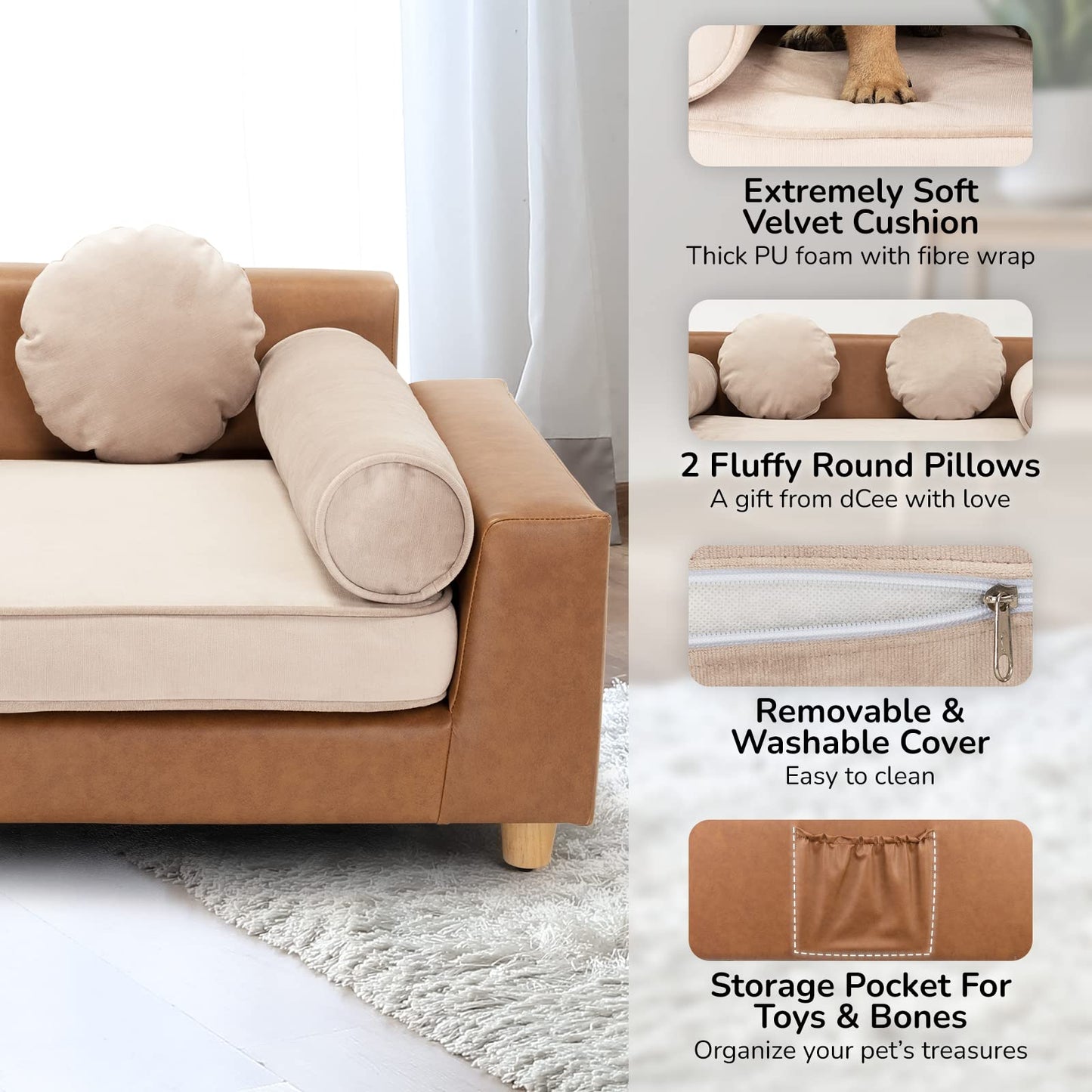dCee Luxury Leather Dog Sofa Bed 42 Inch Orthopedic Pet Couch for Large Dogs
