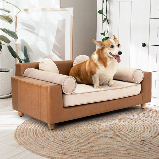 dCee Luxury Leather Dog Sofa Bed 42 Inch Orthopedic Pet Couch for Large Dogs